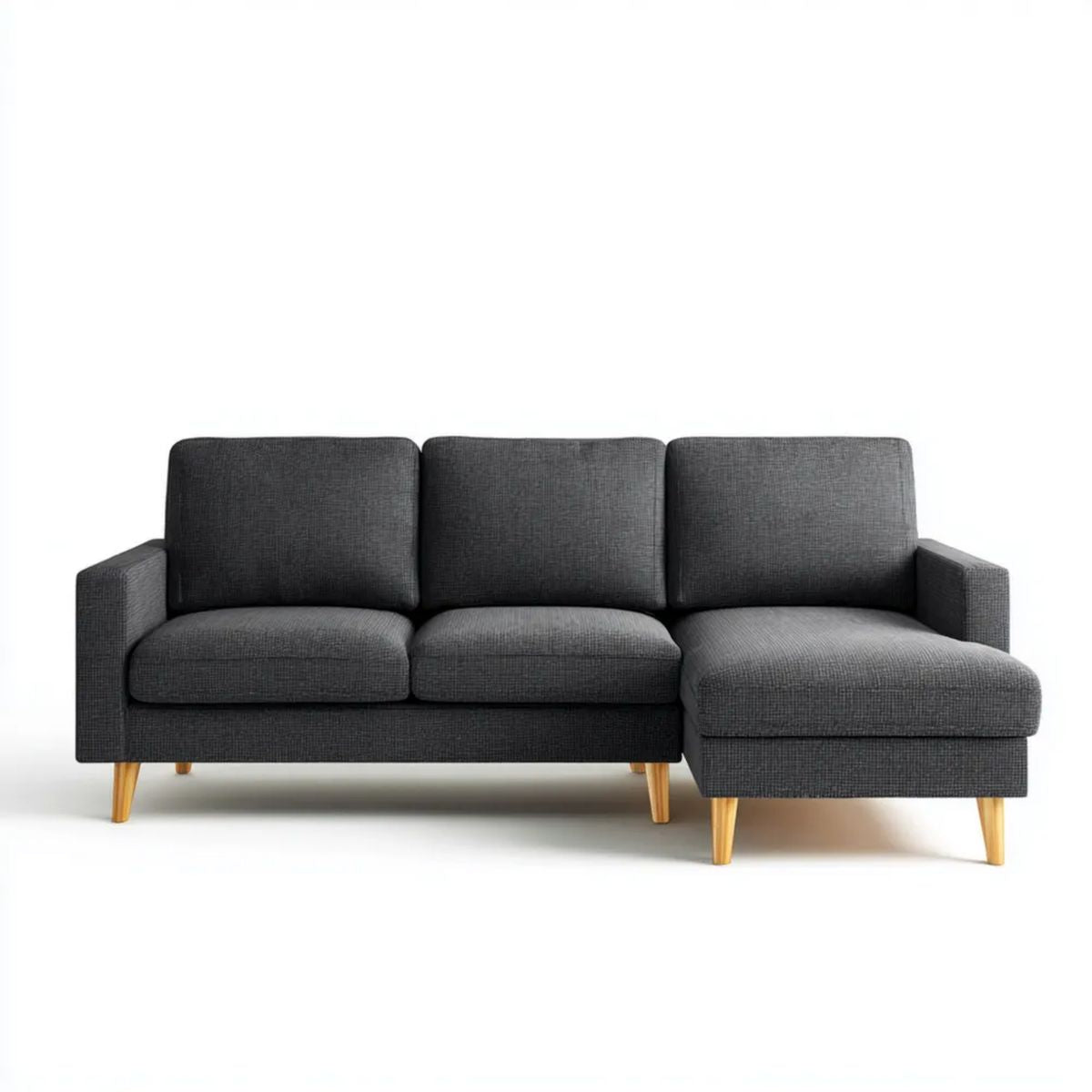 Prawostronna sofa narożna 3-osobowa z tapicerką poliestrową, ciemnoszara, 230 x 150 x 85 cm