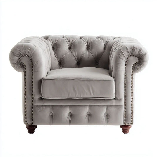 Fotel Chesterfield jednoosobowy szary z aksamitu, 110 x 90 x 75 cm