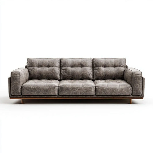 Trzyosobowa sofa ze skóry syntetycznej na drewnianej podstawie, szaro-brązowa, 230 x 95 x 85 cm